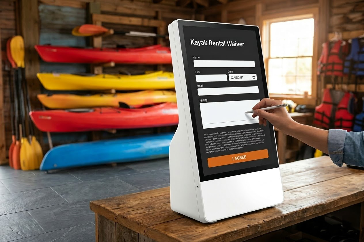 FoxPay self-service kiosk configured for waiver capture and customer-led check-in